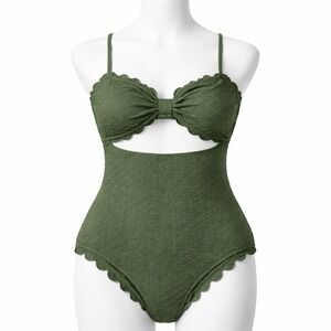 CUPSHE Analia Green One Piece Swimsuit Size L Textured Scallop Trim Cutout NWT